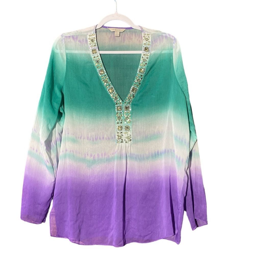 Laura Ashley Swimsuit Cover Up/Blouse With Jewel Embelishments Women's Size L